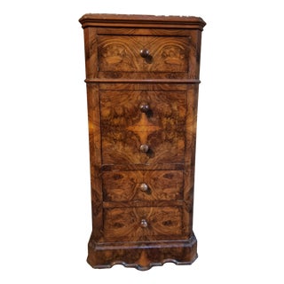 French Bedside Cabinet with Burr Walnut Veneer and Marble Top, 1900s For Sale