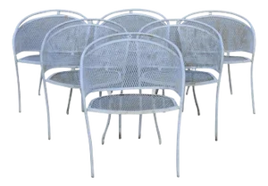 Mid 20th Century Wrought Iron Barrel Patio Dining Arm Chairs - Set of 6