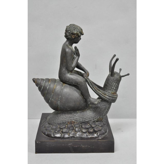 Metal Vintage Mythical Bronze Cherub Riding Snail Sculpture Figure Attr to Maitland Smith For Sale - Image 7 of 18