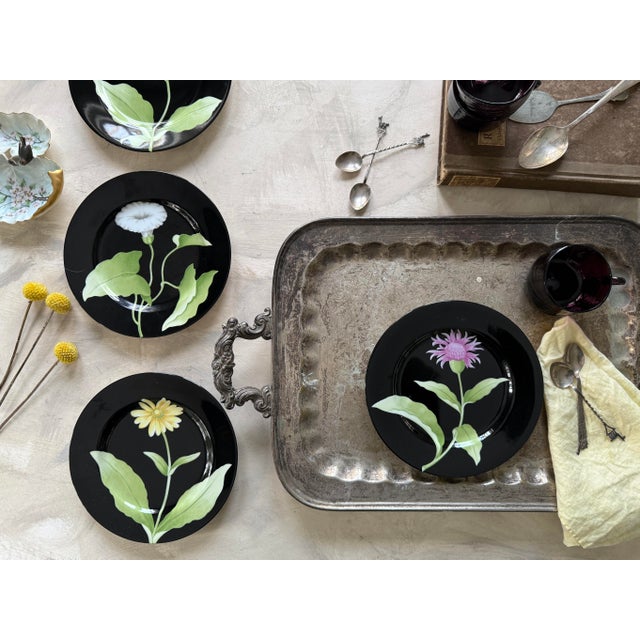 Photorealism 1978 Fitz and Floyd Fleur De Minuit Salad Plates 7.5 Inch Black Floral Vintage - Set of 4 For Sale - Image 3 of 12