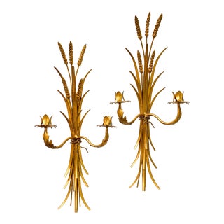 Italian 20th Century Gold Gilt Wheat Candle Wall Sconces - a Pair For Sale