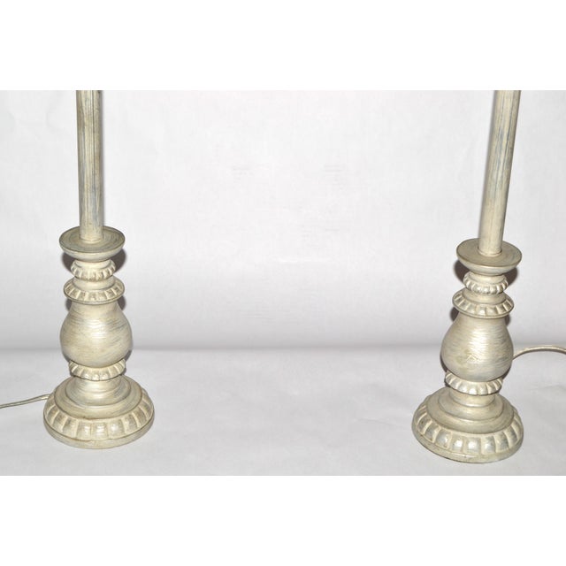 Mid Century Modern Silver Florentine Italian Painted Candlestick Lamps With Linen Shades - a Pair For Sale - Image 10 of 15
