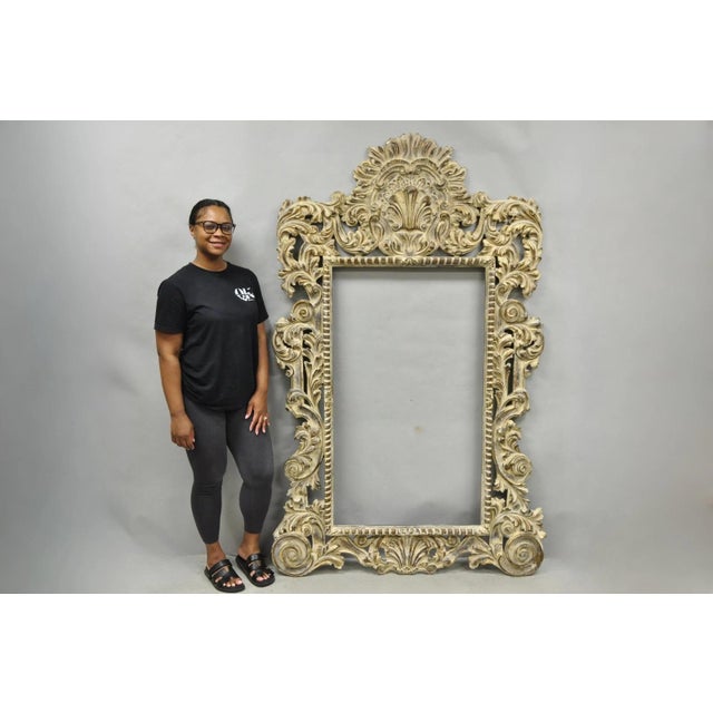 Vintage Large 78" Italian Baroque Rococo Style White Distress Painted Molded Fiberglass Full Length Mirror Art Picture...