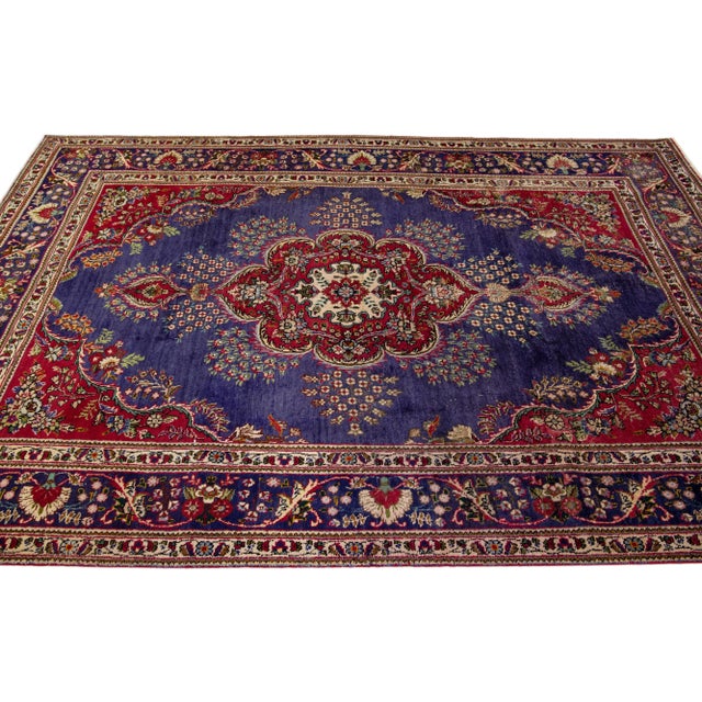1960s 1960s Vintage Persian Tabriz Handmade Medallion Navy Blue Wool Rug For Sale - Image 5 of 7