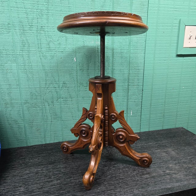 Wooden Piano Stool With Intricate Base and Adjustable Height For Sale - Image 6 of 6