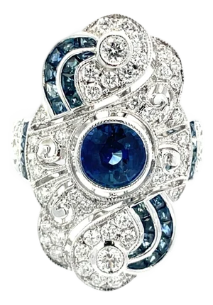 Gorgeous 18k White Gold Ring With 1.15 Carat Natural Blue Sapphire & Diamonds, Size 6.75