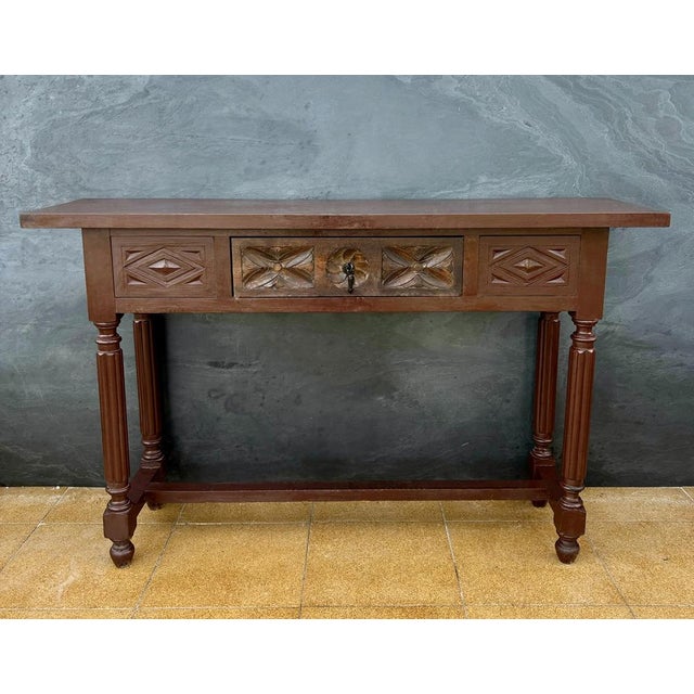 Spanish Renaissance Revival Carved Oak Console Table with Drawer, 1930s For Sale - Image 3 of 11
