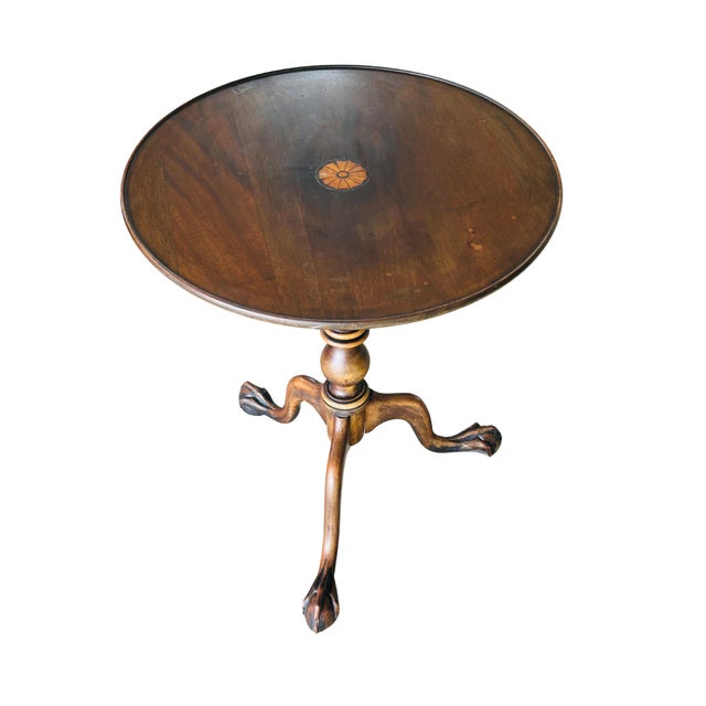 Early 19th Century Antique George III Mahogany Tilt-Top Tea Table With Satinwood Inlay & Ball-and-Claw Feet | Birdcage Tripod Base For Sale - Image 5 of 13