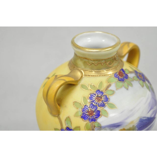 Antique Nippon Hand Painted Porcelain Moriage Mountain Scene Small Yellow Vase For Sale In Philadelphia - Image 6 of 12