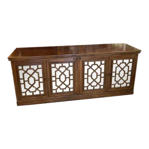 Vintage Wood Chinoiserie Fretwork Fret Mirrored Credenza Buffet Sideboard Doors