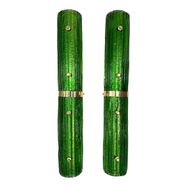 Contemporary Pair of Brass and Green Murano Glass Sconces, Italy For Sale