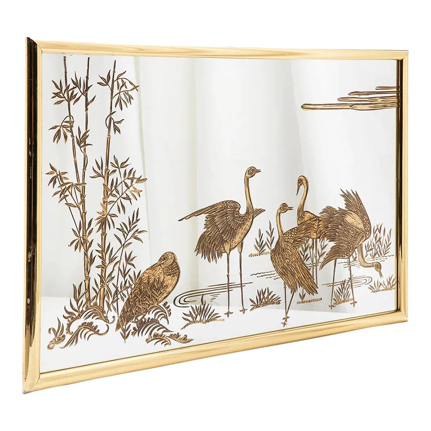 Vintage 1980s Gold Etched Glass Mirror Wall Hanging Cranes Birds