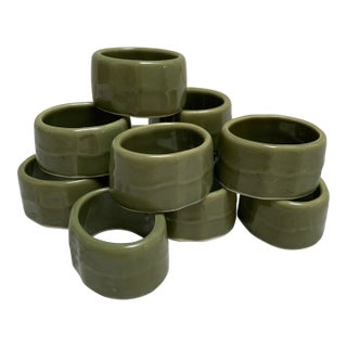 Vintage Avocado Green Ceramic Napkin Rings, Set of Eleven For Sale
