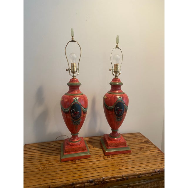 Vintage Hand Painted Red Lamps - a Pair For Sale - Image 4 of 12
