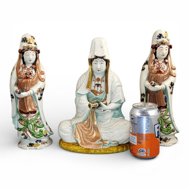 Japanese Kutani Porcelain Buddhist Triad of Kannon, 1800s For Sale - Image 12 of 13