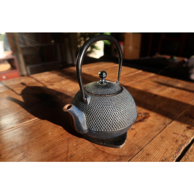 Metal Vintage Cast Iron Teapot With Hobnail Texture, Japanese Tetsubin Style, With Trivet For Sale - Image 7 of 12