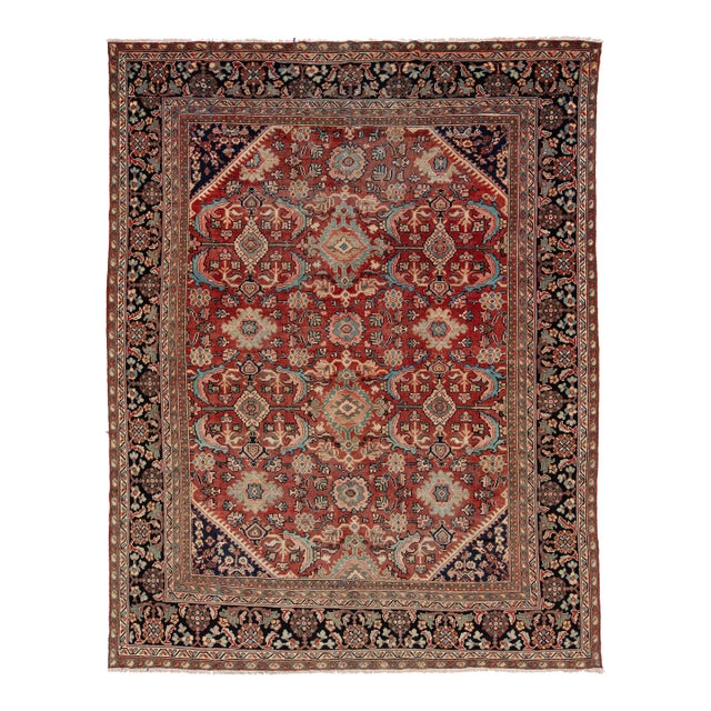 10 X 12 Vintage Persian Mahal Hand-Knotted Wool Rug Red & Navy For Sale