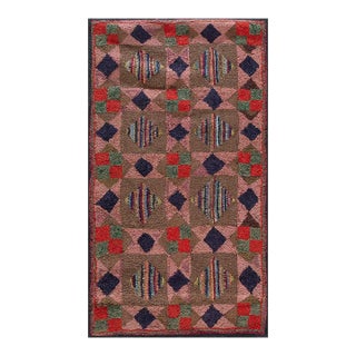 Beautiful Multicolored With Great Geometric Shapes Desings Antique American Hooked Rug. For Sale