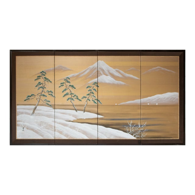 1960s Shōwa Era Japanese Silk Byobu Screen "Mountain Landscape With Pine Trees" For Sale