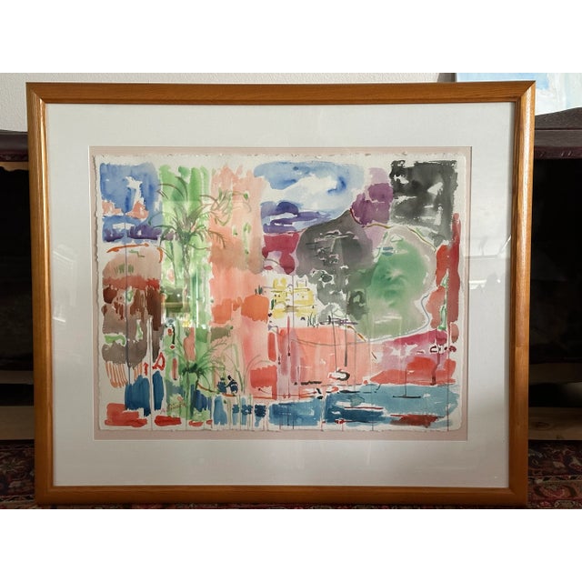 Blue Large Vintage Watercolor Painting by Avraham Binder, Coastal, Colorful Sea Side Bustling Leisure Harbor For Sale - Image 8 of 8