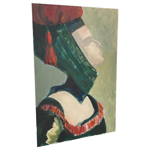 Original figurative portrait painting by listed artist Olga Prell, executed in an expressive modernist style. The...