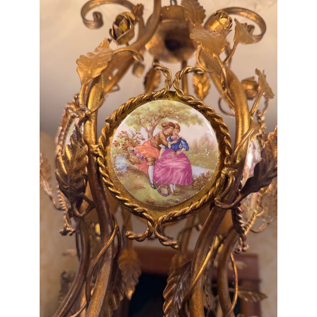 Gold Vintage Gilt Metal & Hand-Painted Porcelain Medallion Chandelier, Rococo Revival Style For Sale - Image 8 of 8