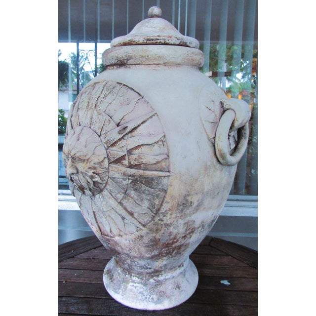 Vintage Large Outdoor Pottery Lidded Urn with Sun Motif and Faux Handles 26" Tall Two sides have the sun face design and...