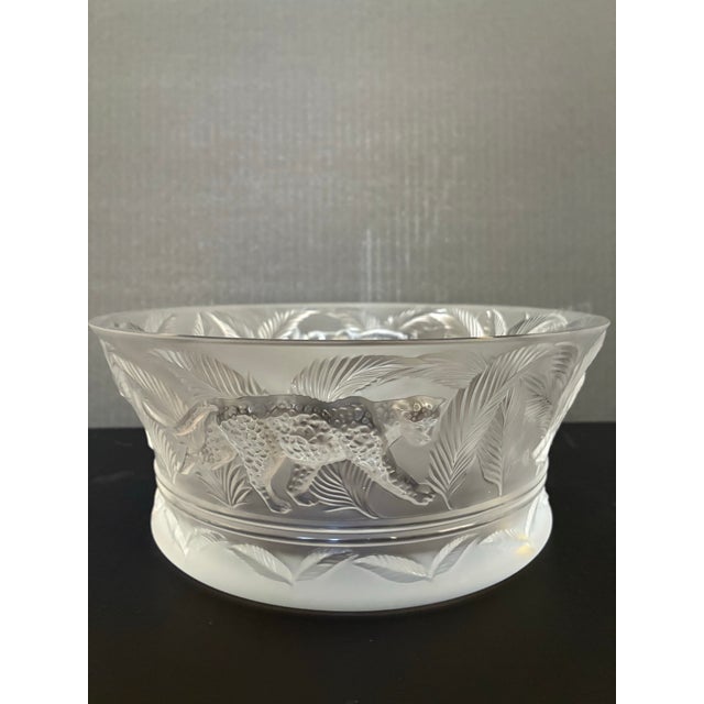 This Lalique Crystal Jungle Bowl, Model 1111500, Features a Detailed, Frosted Crystal Leopard Motif Surrounding the Exterior.