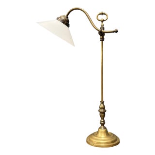 Adjustable Brass Table Lamp with Opaline Glass Shade For Sale