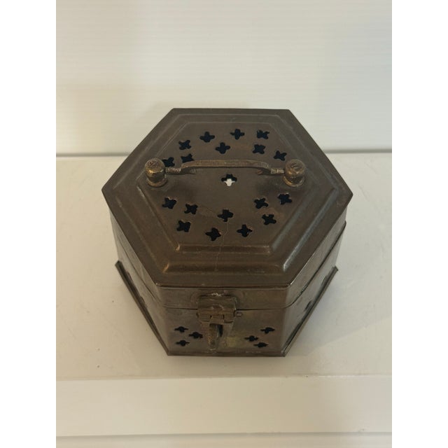 Vintage Hand-Hammered Brass Hexagonal Incense Censer Box For Sale - Image 4 of 12