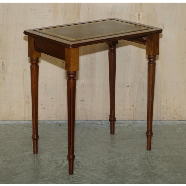 Vintage Nest of Three Hardwood with Gold Leaf Embossed Green Leather Tops Tables, Set of 3 For Sale - Image 16 of 18