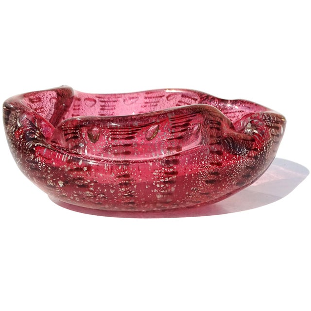 Murano Vintage Pink Silver Flecks Dark Purple Spot Pattern Italian Art Glass Abstract Ashtray Bowl For Sale In Orlando - Image 6 of 8