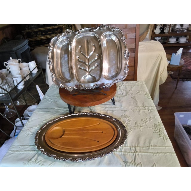 1960s Silver Trays for Holiday Entertaining. Vintage Reed & Barton Carving Tray and Wallace Triple Serving Platter For Sale - Image 14 of 14