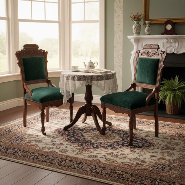ntique 1880s Eastlake Victorian Side Chairs — Refinished & Reupholstered in Green Velvet (Pair) Add a touch of...