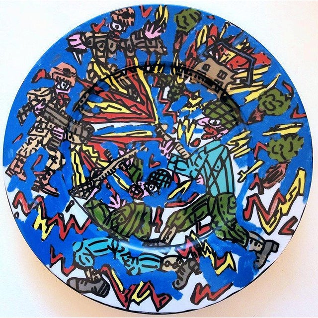 Signed Feu Les Soldats Silkscreen on Porcelain Plate after Robert Combas For Sale - Image 9 of 9