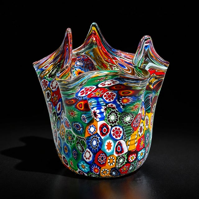 Mid-Century Modern Vintage Italian Murano Style Venetian Blown Art Glass Millefiori Handkerchief Vase For Sale - Image 3 of 4