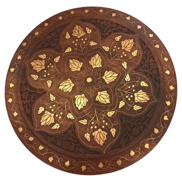 Indian Rosewood Carved Side Table with Brass and Copper Floral Inlay For Sale - Image 3 of 5