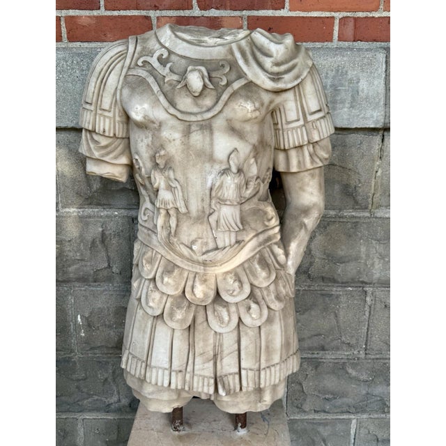 Gray Late 20th Century Life Sized Marble Roman General Statue On Travertine Block Garden Ornament For Sale - Image 8 of 17