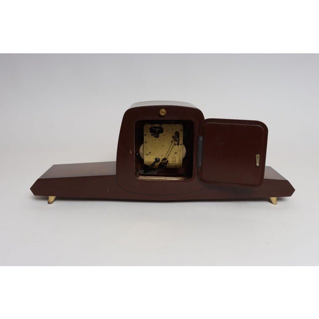 Brown German Art Deco Mahogany and Brass Mantle Clock With Key by Emes For Sale - Image 8 of 18