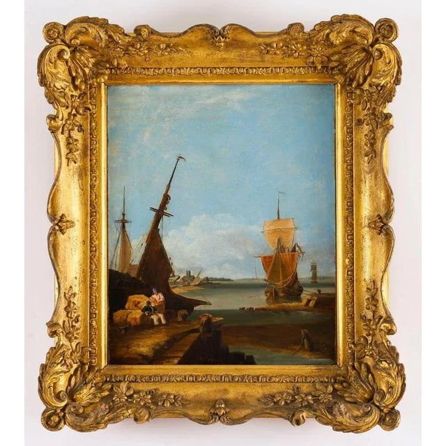 This is a beautiful pair of antique gilt framed maritime oil on canvas paintings in the style of William Sadler, dating...