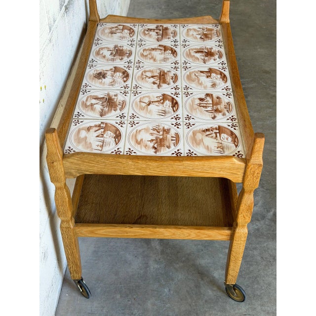 1970s In Style of Henning Kjærnulf Oak Two-Tier Serving Bar Cart With Ceramic Tile Top Vintage Mid-Century Modern 1970s For Sale - Image 5 of 10