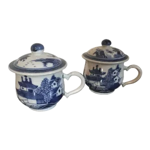 1800s Chinese Export Porcelain Blue & White Canton Syllabub Cups & Covers - A Pair