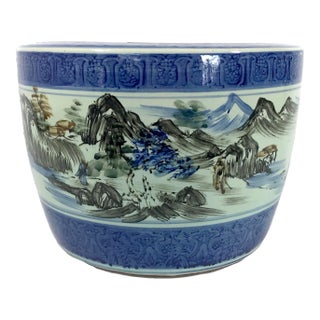 Old Hand Painted Blue & White Porcelain Chinese Planter, Wrap Around Shan Shui Mountain & Water Landscapes For Sale
