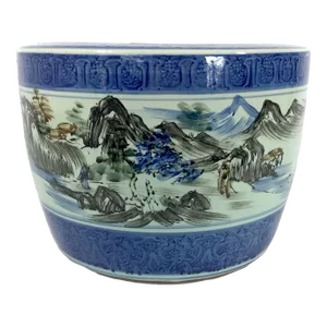 Vintage Chinese Blue & White Porcelain Planter, Wrap Around Shan Shui Mountain & Water Landscapes