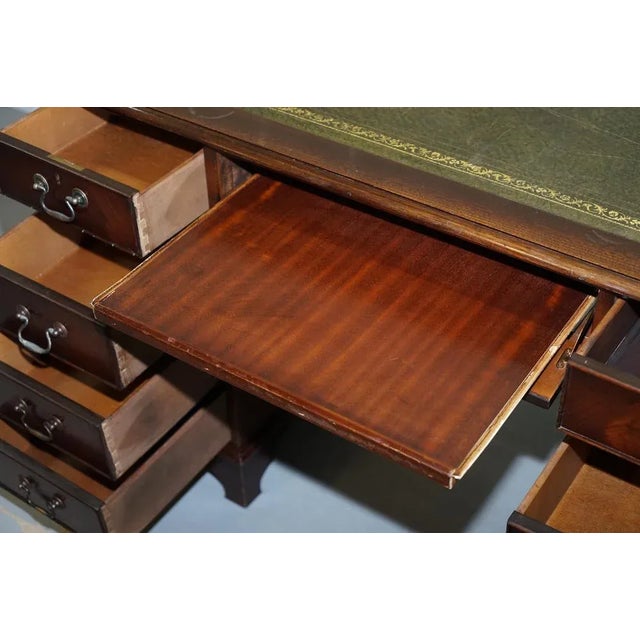 Hardwood & Green Leather Partner Desk with Sliding Keyboard Shelf & Twin Pedestals For Sale - Image 18 of 18