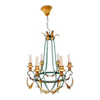 French Empire Green & Gold Tole Laurels Chandelier For Sale