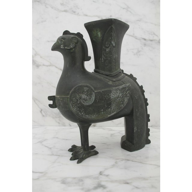 Figurative Chinese Phoenix Rooster Zun Shang Style Bronze Ware Ceremonial Wine Vessel Vase For Sale - Image 3 of 18