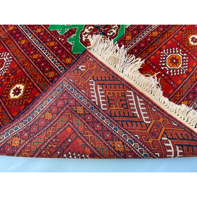 Green Afghan Hand-Knotted Green and Rust Tekke Wool Oriental Area Rug 6.8 X 9.4 Ft For Sale - Image 8 of 12