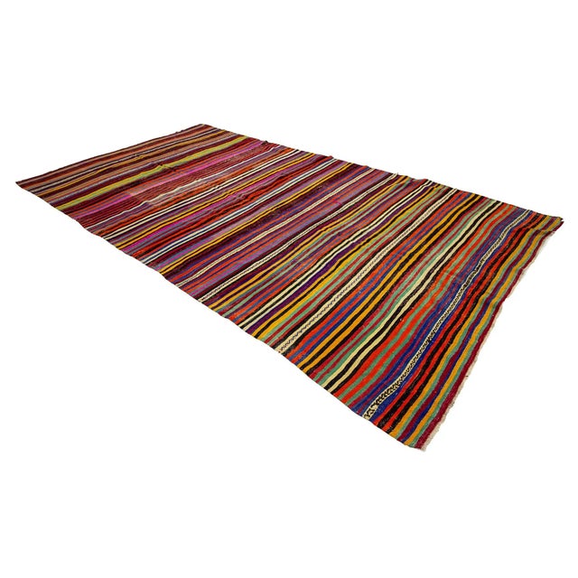1960s Vintage Colorful Striped Turkish Kilim Rug- 6′10″ × 13′1″ For Sale - Image 4 of 7