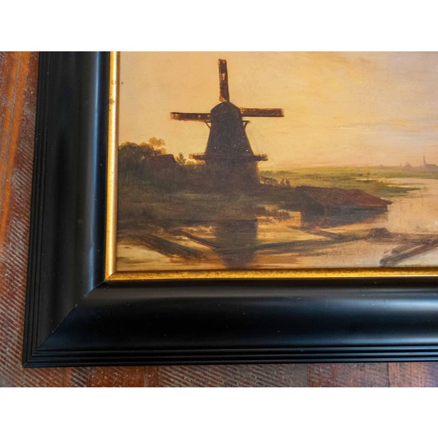 Wood 19th Century Dutch Luminist Old Master Style Oil Painting With Windmill For Sale - Image 7 of 18